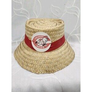 Vintage Cincinnati Reds Straw Cloche Bucket Hat Souviner MLB